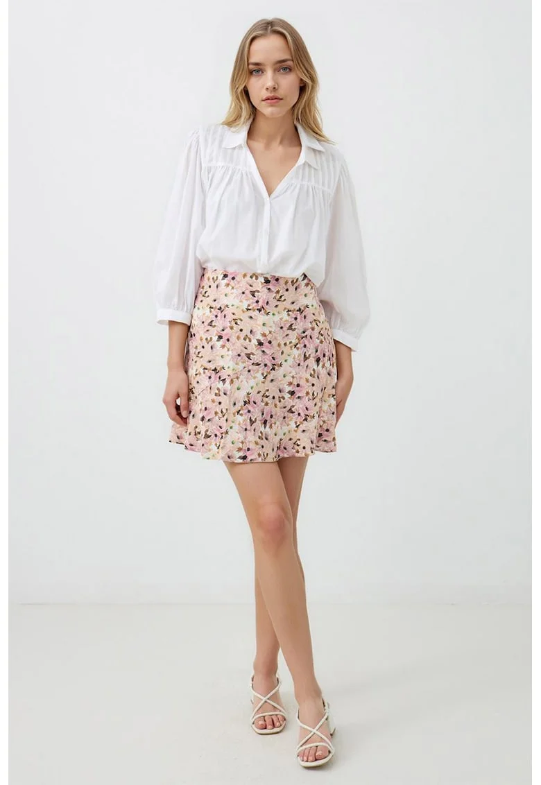 Fusta mini cu model floral, Alb/Roz