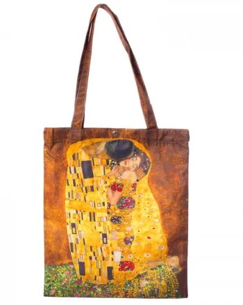 Geanta shopper din material satinat textil, imprimeu inspirat dupa pictura   Sarutul   a celebrului Gustav Klimt