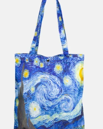 Geanta shopper din material textil satinat, cu imprimeu inspirat din pictura    Noapte Instelata   a lui Vincent Van Gogh