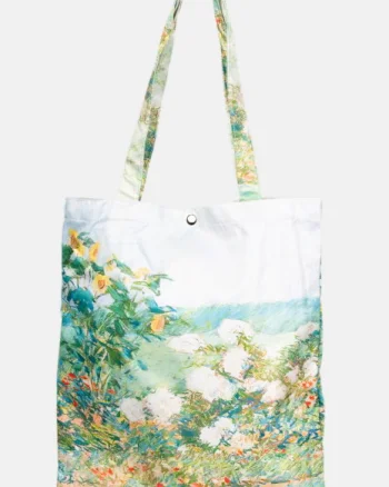 Geanta shopper din material textil satinat, cu imprimeu inspirat din pictura cu un pastel