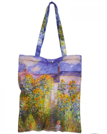 Geanta shopper din material textil satinat, cu imprimeu peisaj marin cu far si copil