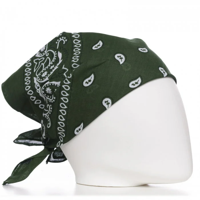 Bandana tip batic patrat cu imprimeu alb pe fond kaki