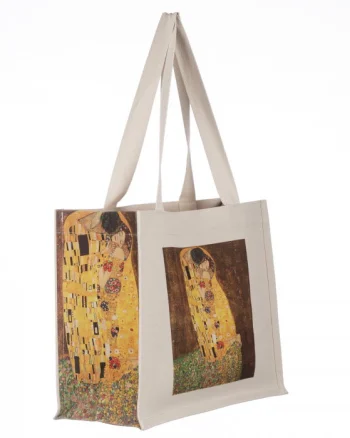Geanta de umar din material textil cu imprimeu inspirat din pictura Sarutul a lui Gustav Klimt