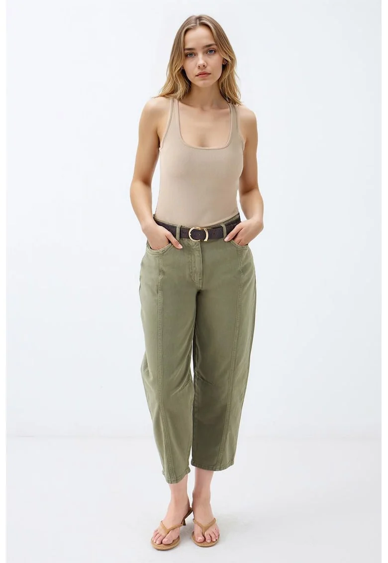 Pantaloni crop cu talie inalta, Verde masliniu