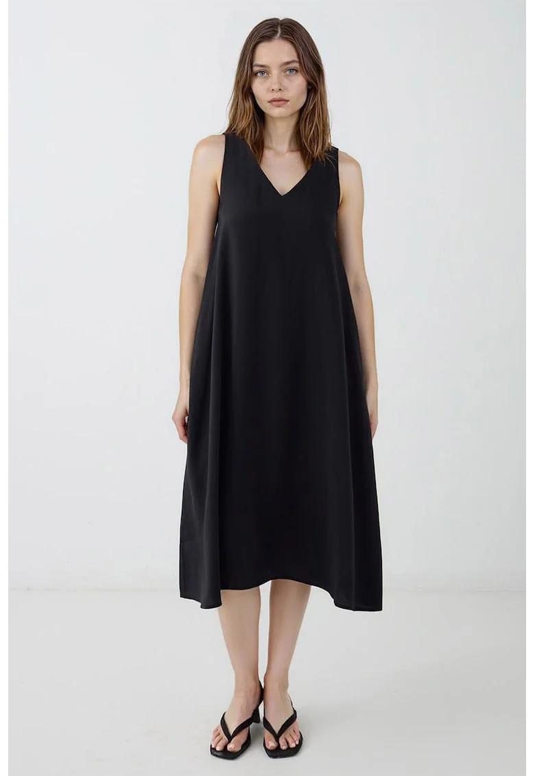 Rochie din amestec de modal cu decolteu in V, Negru