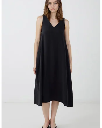Rochie din amestec de modal cu decolteu in V, Negru