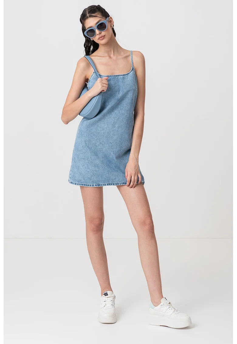Rochie scurta de denim cu fermoar, Albastru deschis