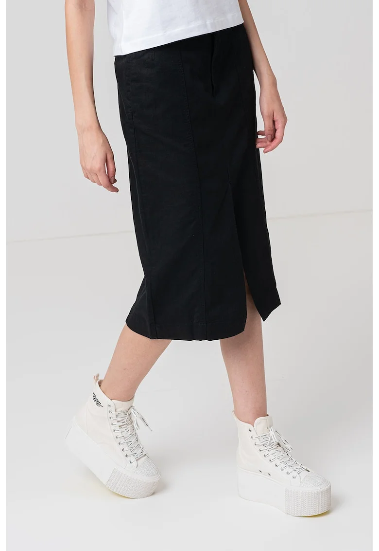 Fusta midi de in si bumbac cu slit frontal, Negru