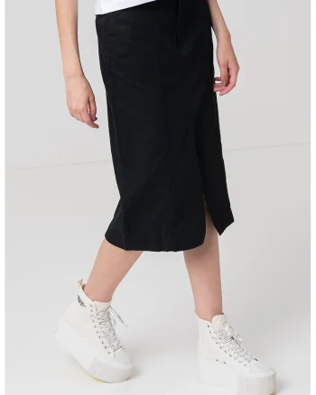 Fusta midi de in si bumbac cu slit frontal, Negru