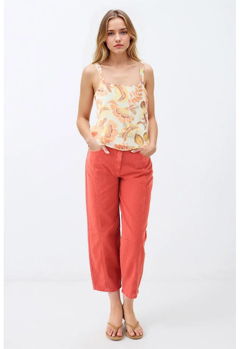Pantaloni crop cu talie inalta, Coral