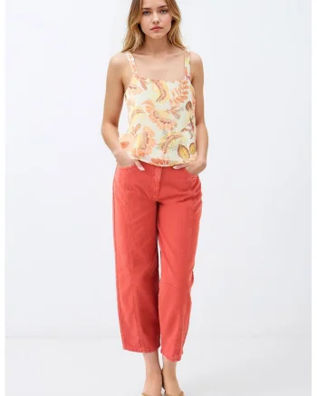 Pantaloni crop cu talie inalta, Coral
