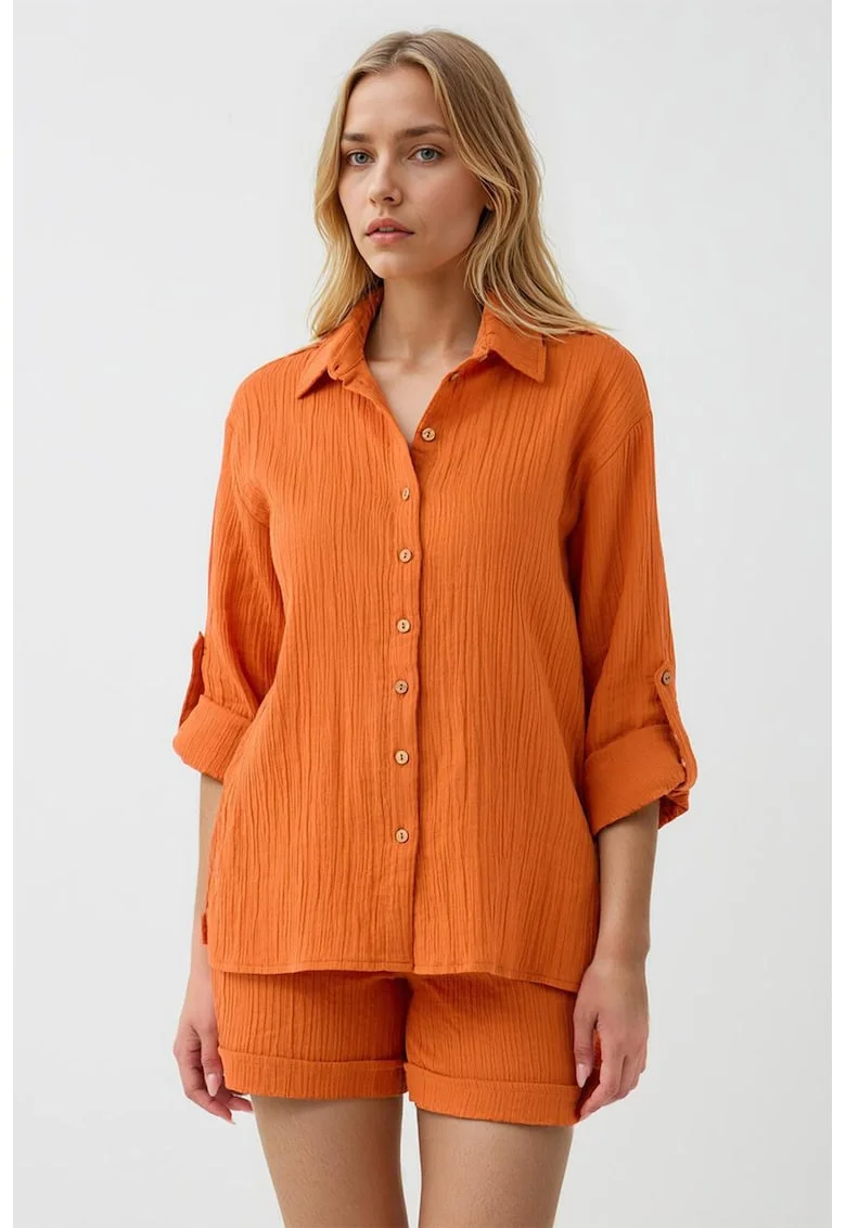 Camasa din amestec de bumbac cu aspect texturat, Portocaliu mandarina