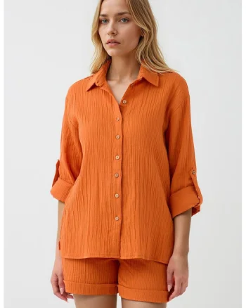 Camasa din amestec de bumbac cu aspect texturat, Portocaliu mandarina