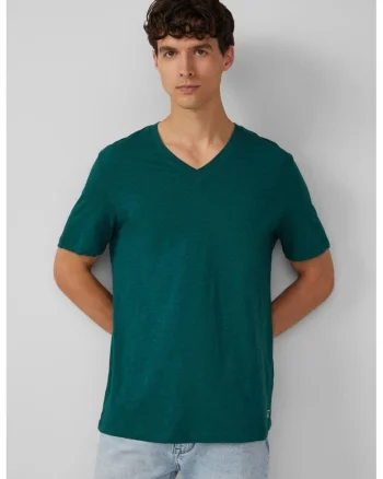 Tricou barbati cu decolteu in V, Regular fit, din bumbac, Verde inchis, Verde inchis