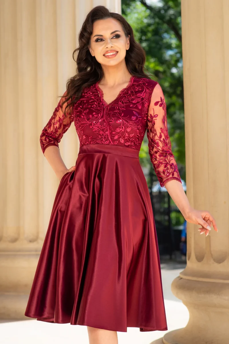 Rochie eleganta midi in clos Inna bordo