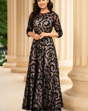 Rochie de seara lunga Francesca cu frunze din catifea si dublura bej