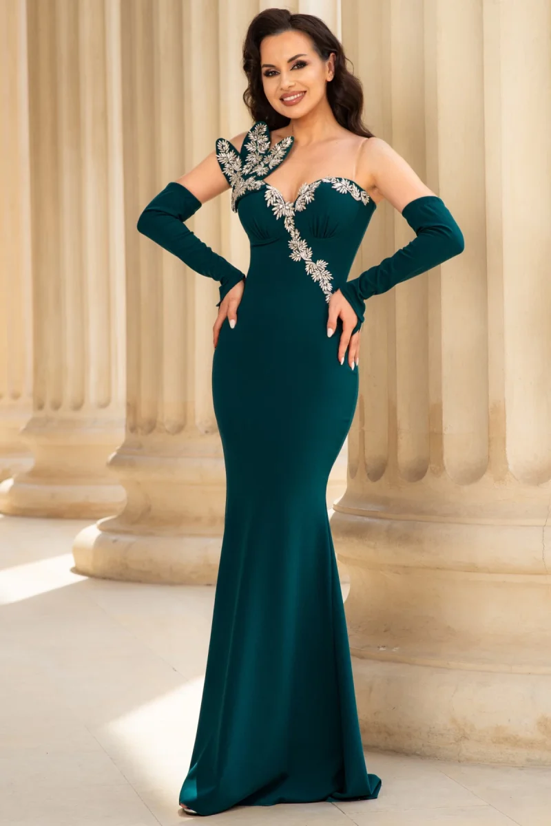 Rochie de seara eleganta verde Lorenza cu aplicatii pretioase argintii