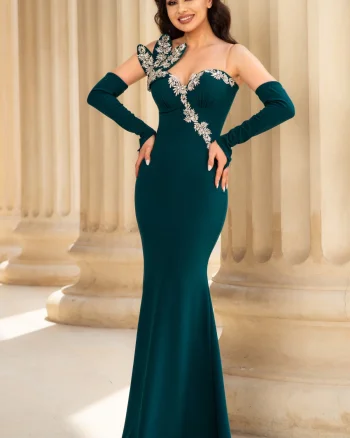Rochie de seara eleganta verde Lorenza cu aplicatii pretioase argintii