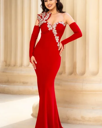 Rochie de seara eleganta rosie Lorenza cu aplicatii pretioase argintii
