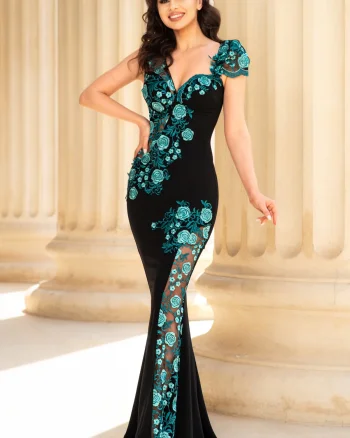 Rochie de seara tip sirena Fabrizia cu broderie florala turquoise
