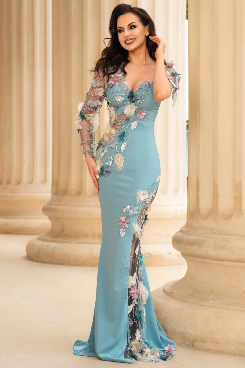 Rochie de seara lunga mint Anelisse cu flori delicate si margele decorative