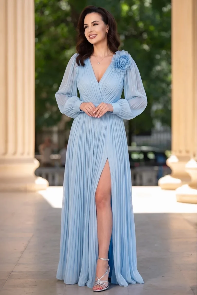 Rochie de seara eleganta Gabriella bleu cu drapaje si floare 3D
