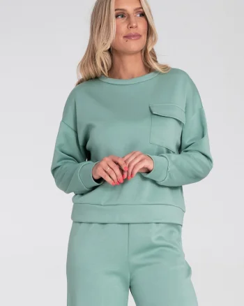 Hanorac dama  tricot, buzunar decorativ, croi lejer, verde menta,