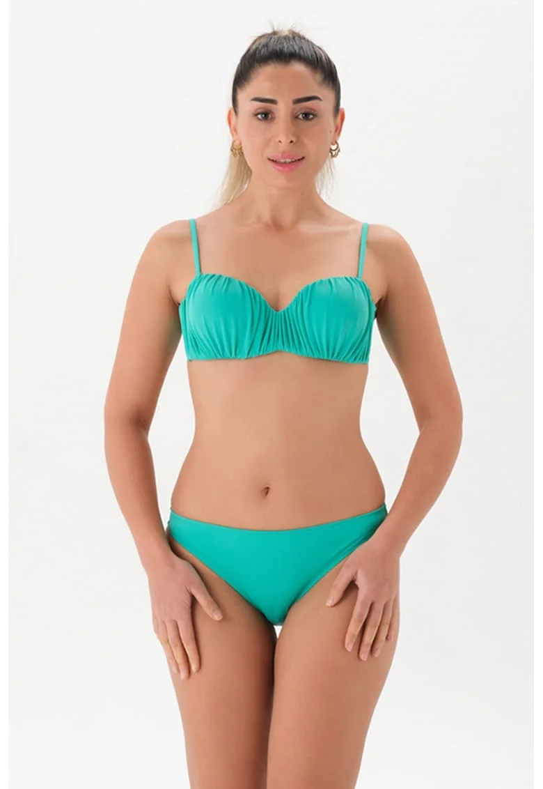 Costum de baie din doua piese cu fronseuri, Turcoaz