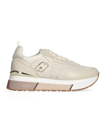 Pantofi sport de piele si plasa cu logo metalic, Auriu/Bej