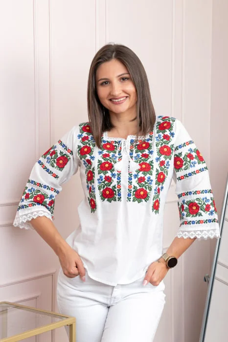 Bluza alba cu motiv floral rosu Fabiana 02