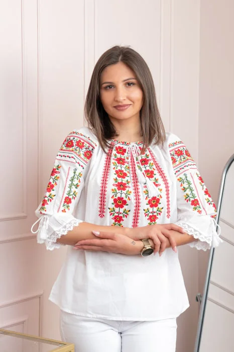 Bluza tip ie alba cu motiv floral rosu Pompilia