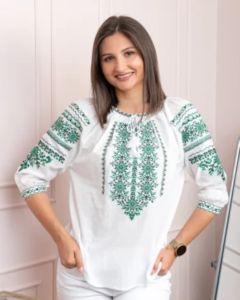 Bluza tip ie alba cu motiv floral verde Ecaterina