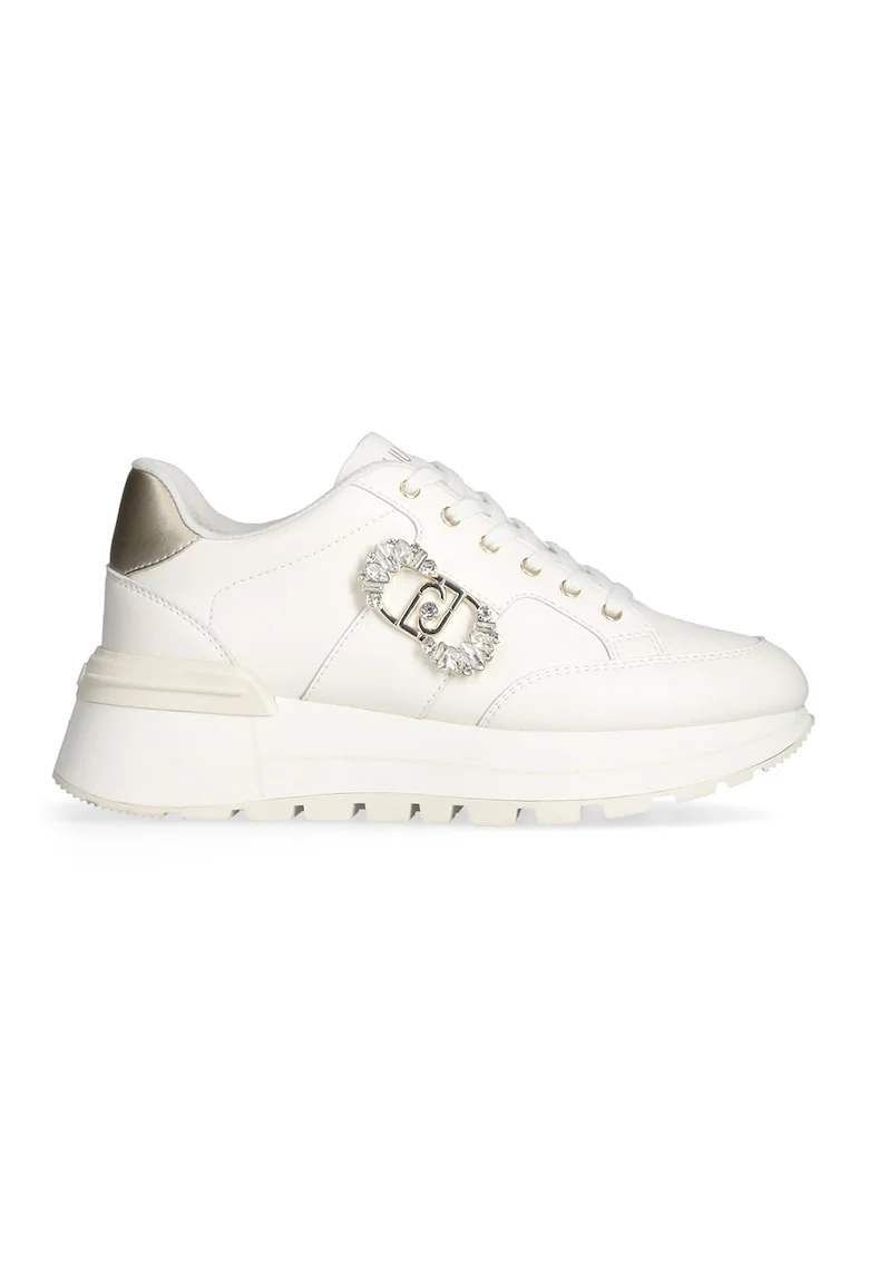 Pantofi sport de piele cu logo din strasuri, Auriu/Alb fildes