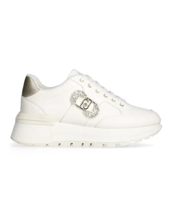 Pantofi sport de piele cu logo din strasuri, Auriu/Alb fildes