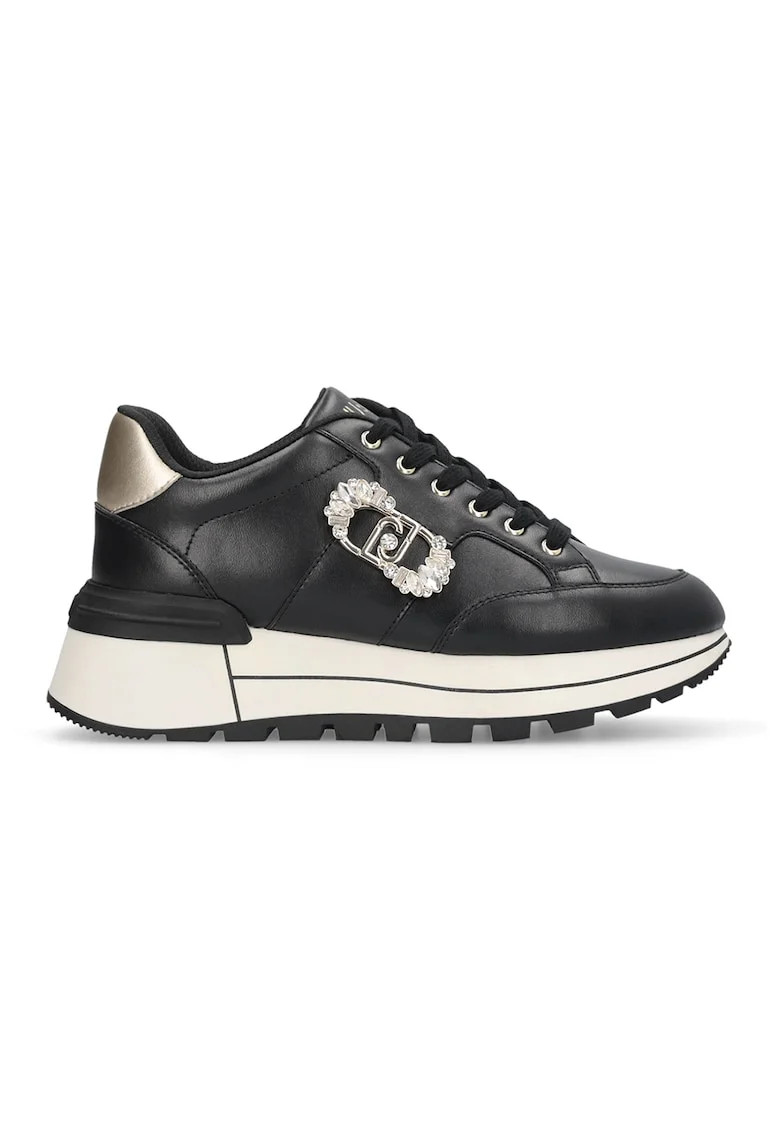 Pantofi sport de piele cu logo din strasuri, Auriu/Negru
