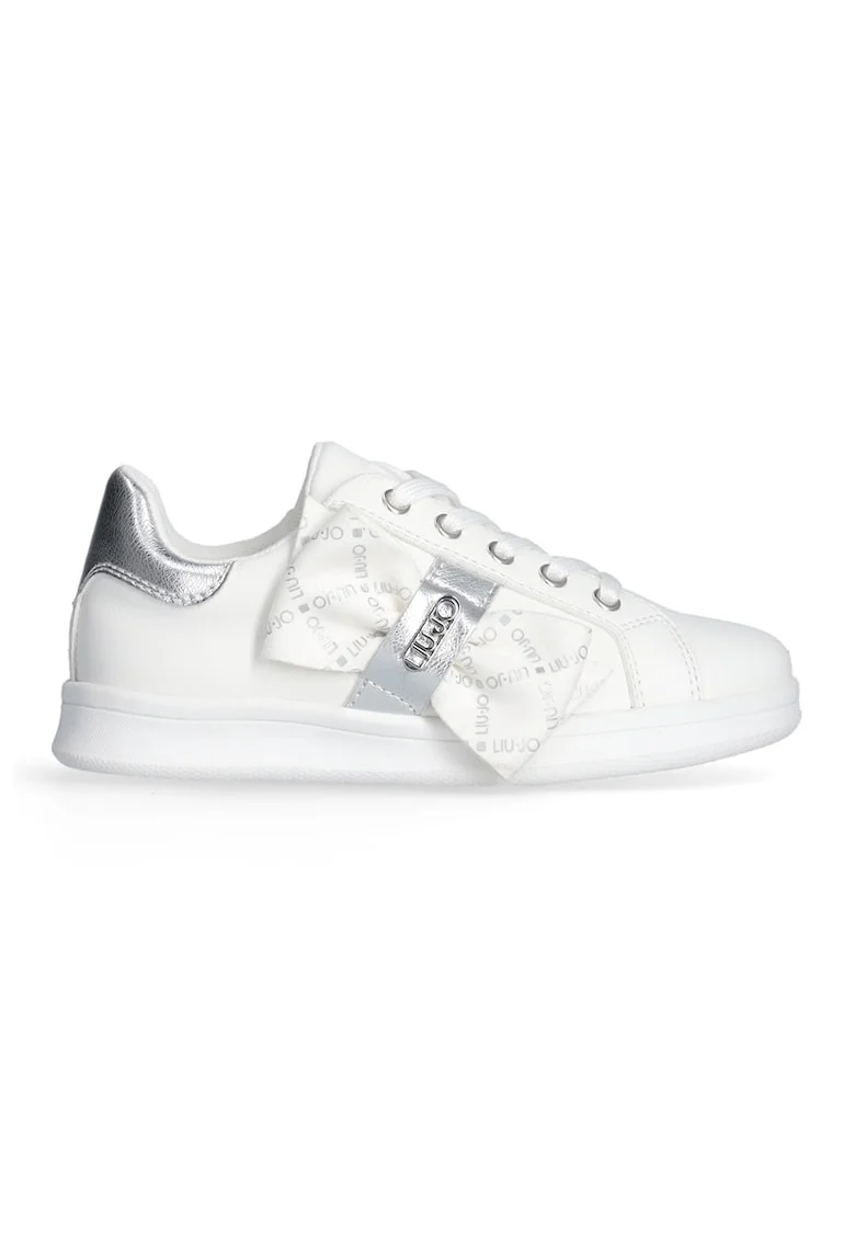 Pantofi sport de piele ecologica cu aplicatie funda, Alb/Argintiu