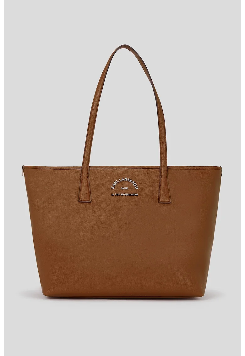 Geanta shopper de piele ecologica cu logo metalica, Maro scortisoara