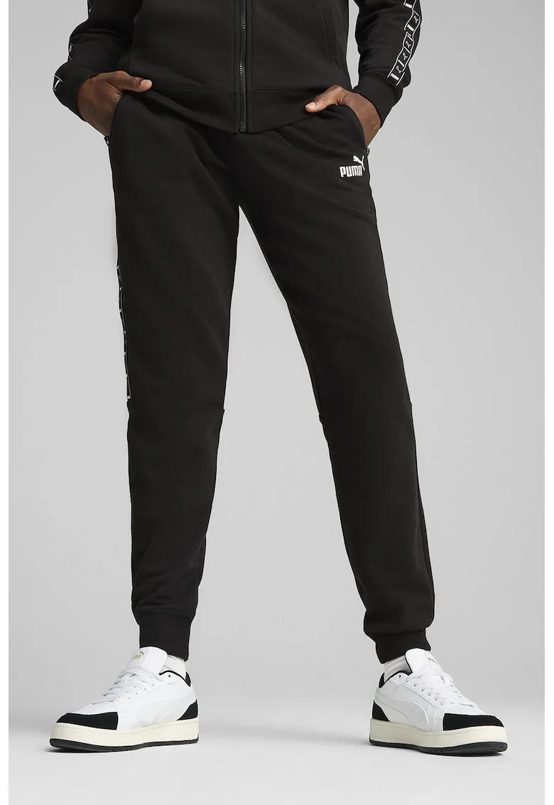 Pantaloni de trening cu croiala conica si buzunare laterale, Alb/Negru