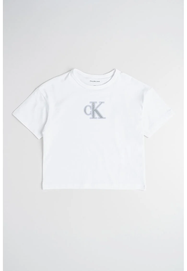Tricou crop cu logo stralucitor, Alb/Argintiu