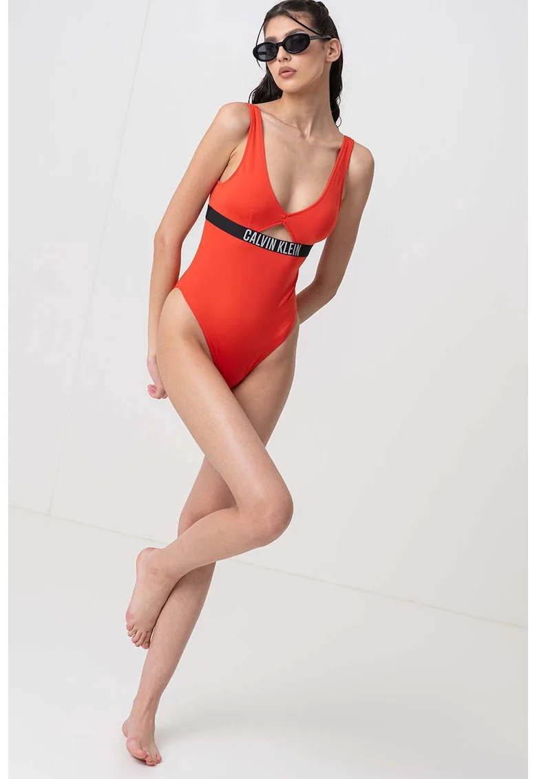 Costum de baie intreg cu detaliu logo, Negru/Portocaliu mandarina
