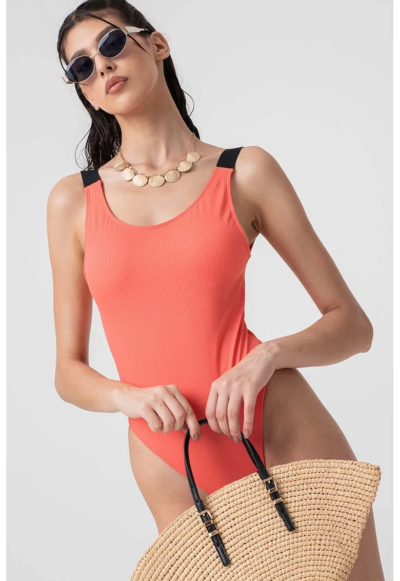 Costum de baie intreg cu barete late, cu logo, Coral