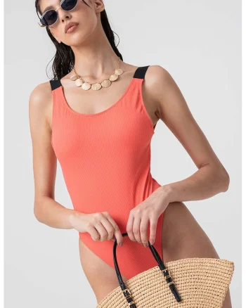 Costum de baie intreg cu barete late, cu logo, Coral