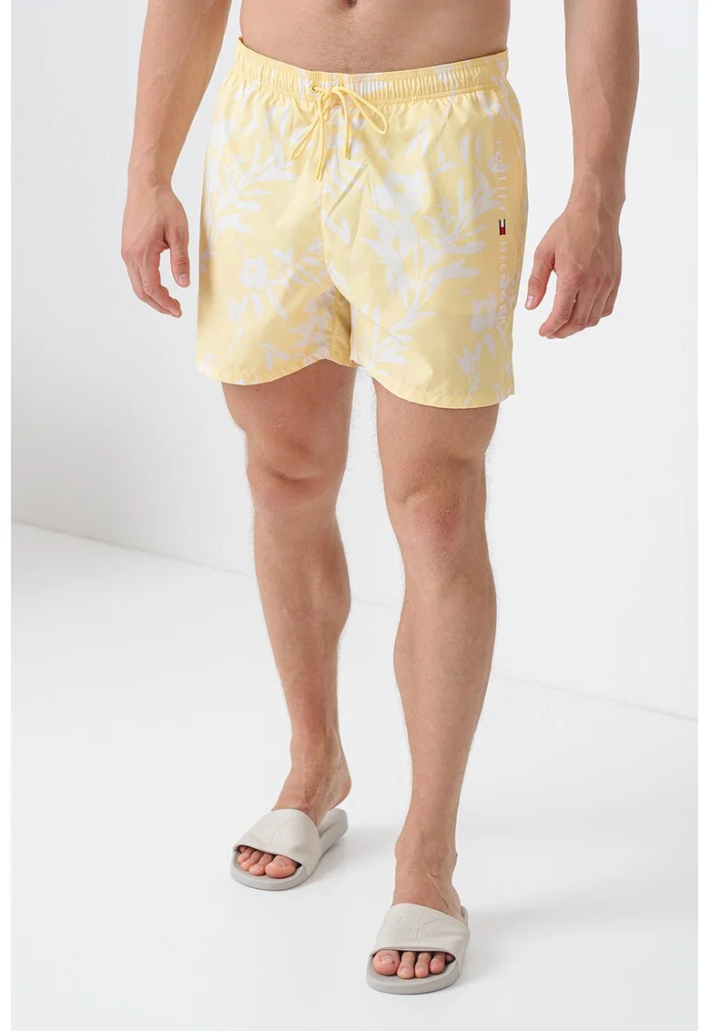 Pantaloni scurti de baie cu imprimeu floral, Galben pai/Alb murdar