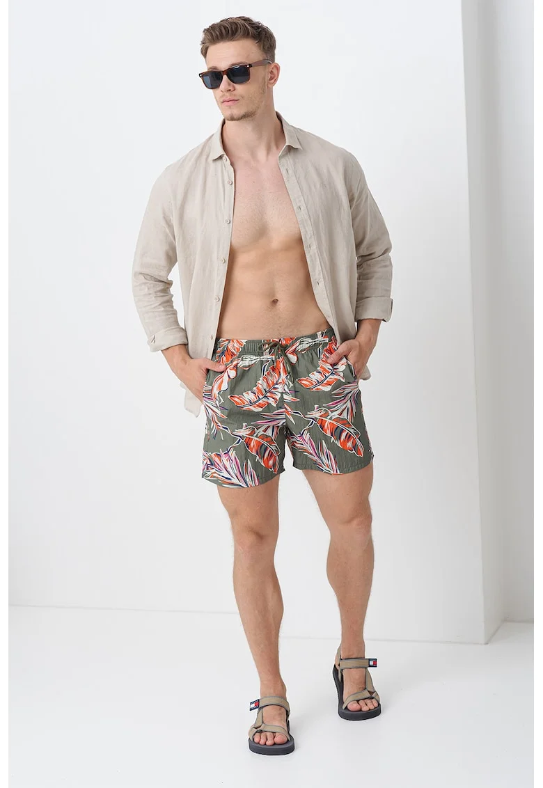 Pantaloni scurti de baie cu model si buzunare laterale, Portocaliu mandarina/Verde feriga