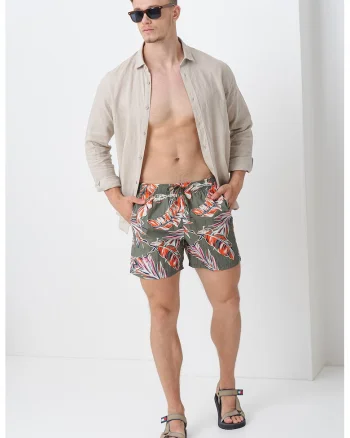 Pantaloni scurti de baie cu model si buzunare laterale, Portocaliu mandarina/Verde feriga