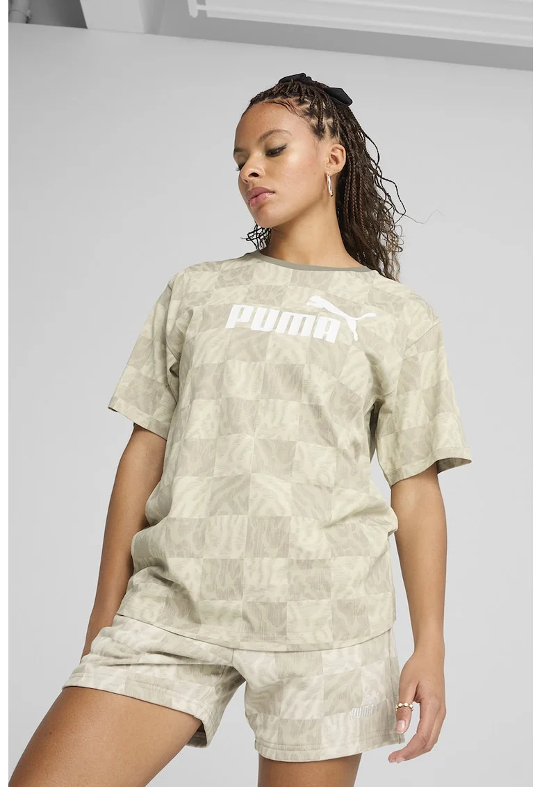 Tricou cu imprimeu logo si abstract, Bej deschis