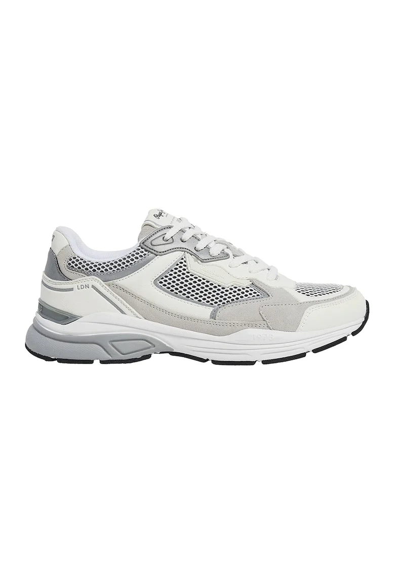 Pantofi sport cu insertii de piele intoarsa, Alb/Gri deschis/Gri inchis