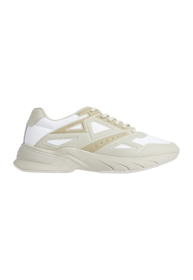 Pantofi sport de piele ecologica si material textil, Alb/Grej
