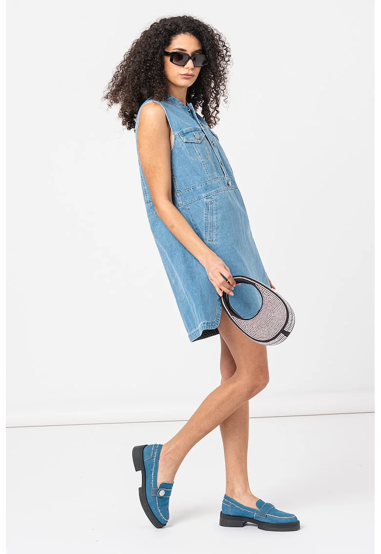 Rochie scurta de denim fara maneci, Negru/Albastru deschis