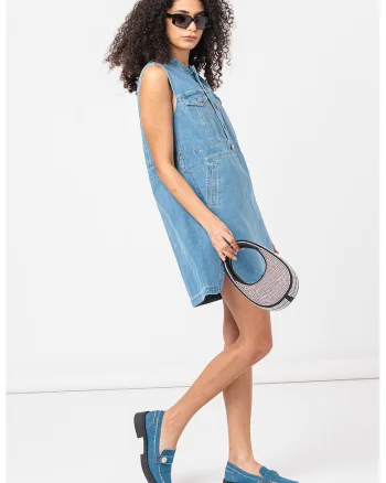 Rochie scurta de denim fara maneci, Negru/Albastru deschis